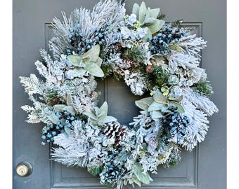 Blueberry Pine Wreath: Rustic Farmhouse Winter Lamb's Ear Front Door Holiday Christmas Decor