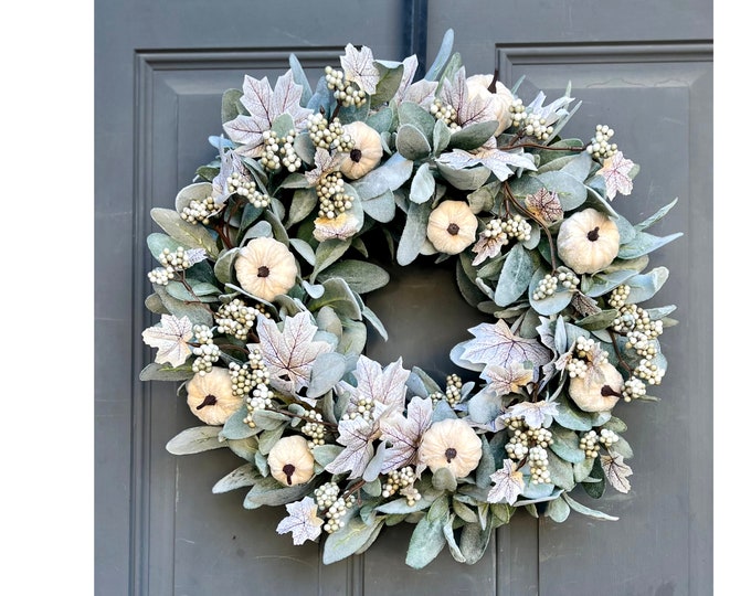 Neutral Fall Wreath with White Pumpkins and Lamb's Ear for Front Door, Autumn Leaves Farmhouse Decor, Cream Pumpkin Wreath
