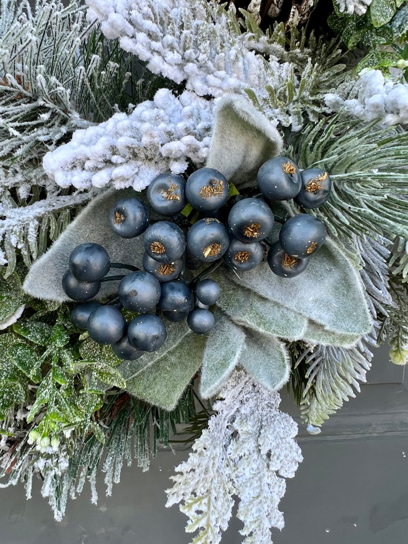 Farmhouse Winter Blue Berries Pine Eucalyptus and Lamb's Ear Front Door Wreath, Blue Berry Winter Outdoor Wreath image 9