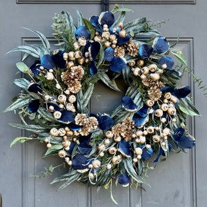 Navy and Gold Eucalyptus Winter Wreath for Front Door, Modern Christmas ...