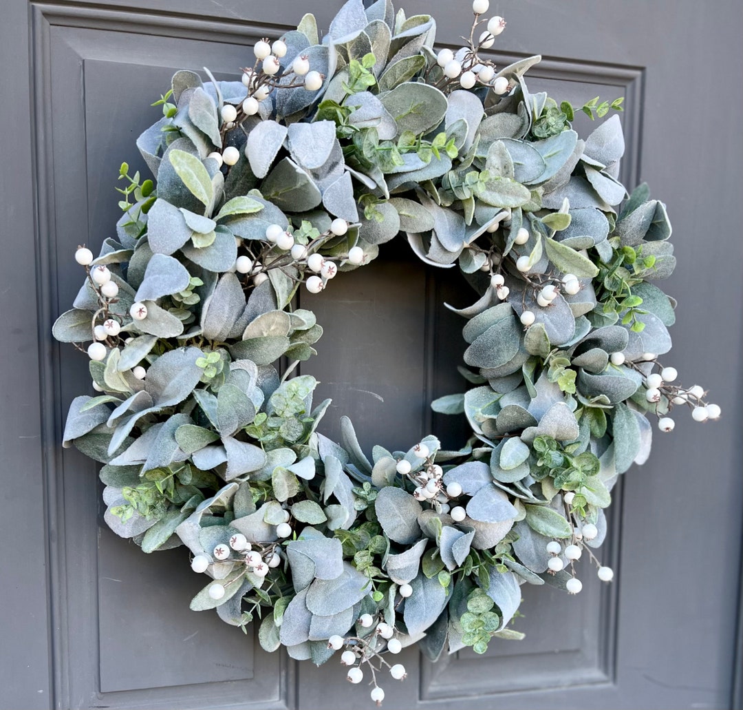 Winter Everyday Farmhouse Lamb's Ear and Eucalyptus Wreath With White ...