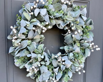 Winter Everyday Farmhouse Lamb's Ear and Eucalyptus Wreath with White Berries for Front Door