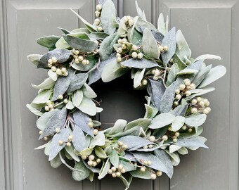 Farmhouse Lambs Ear Winter Wreath for Front Door, Lamb's Ear Modern Eucalyptus and Berry Christmas Porch Decor