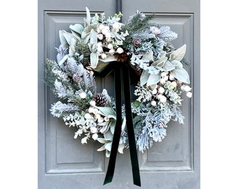 Farmhouse Winter Wreath: Berries, Pine, Lamb's Ear, Velvet Bow, Christmas Front Door Decor