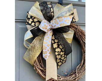 Leopard Print Wreath Bow: Black, White & Gold Holiday Decor