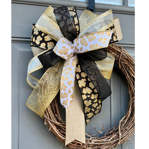 Black White and Gold Leopard Print Wreath Bow, Gold Leopard Lantern Bow, Holiday Gold Mailbox Bow, Black and Gold Leopard Tree Topper Bow