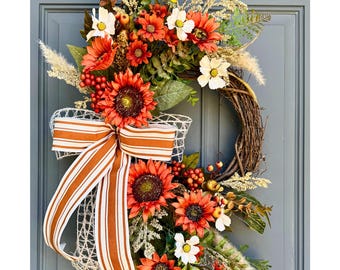 Autumn Sunflower Wreath: Farmhouse Stripes Floral Fall Door Decor with Orange Sunflowers