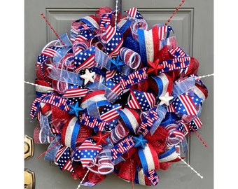 4th of July Patriotic Wreath Red White and Blue Stars and Stripes Large Front Door Wreath