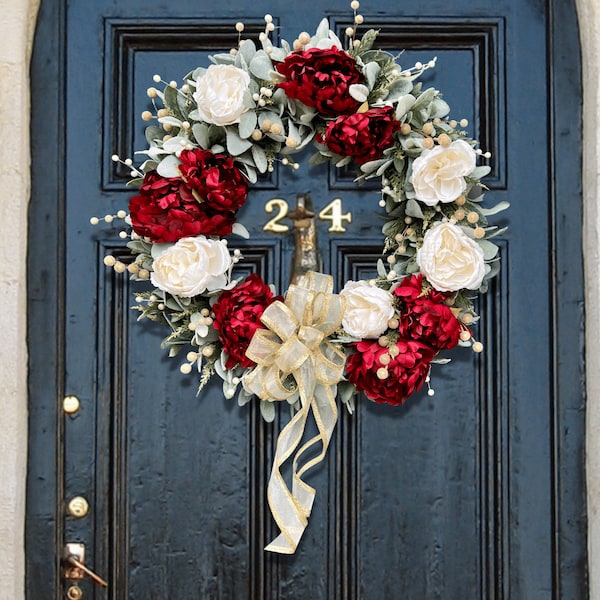 Christmas Peony and Cabbage Rose Wreath with Gold Bow for Front Door, Holiday Lambs Ear Floral Wreath in Red White and Gold