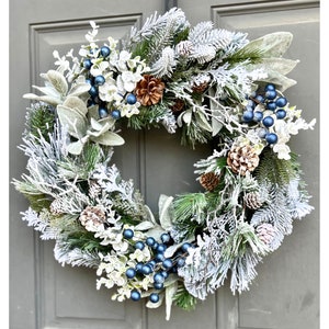 Farmhouse Winter Blue Berries Pine Eucalyptus and Lamb's Ear Front Door Wreath, Blue Berry Winter Outdoor Wreath image 1