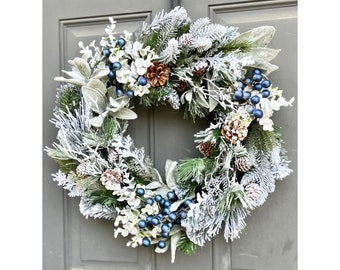 Farmhouse Winter Wreath: Blue Berries, Pine, Lamb's Ear Outdoor Holiday Decor