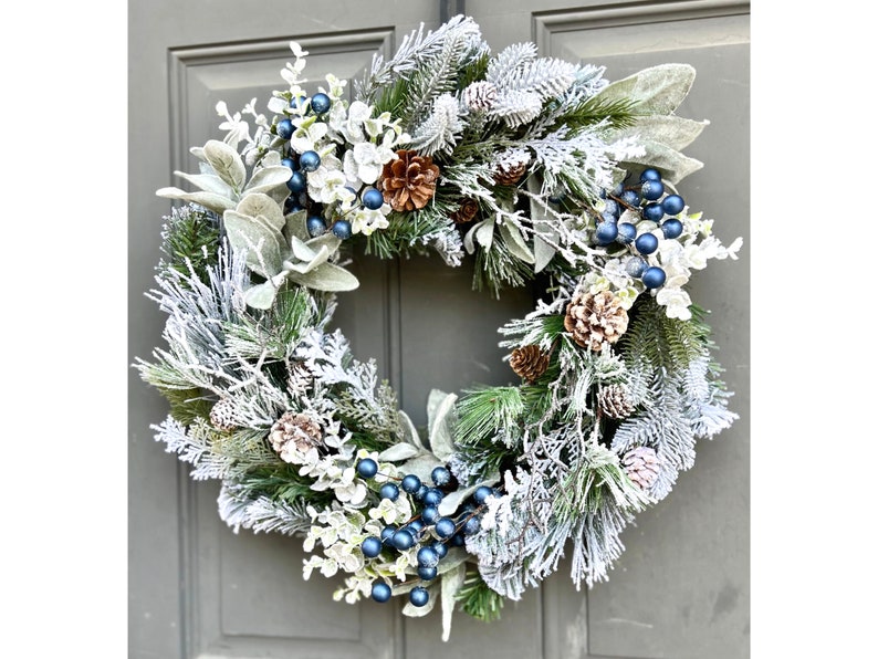 Farmhouse Winter Blue Berries Pine Eucalyptus and Lamb's Ear Front Door Wreath, Blue Berry Winter Outdoor Wreath image 1