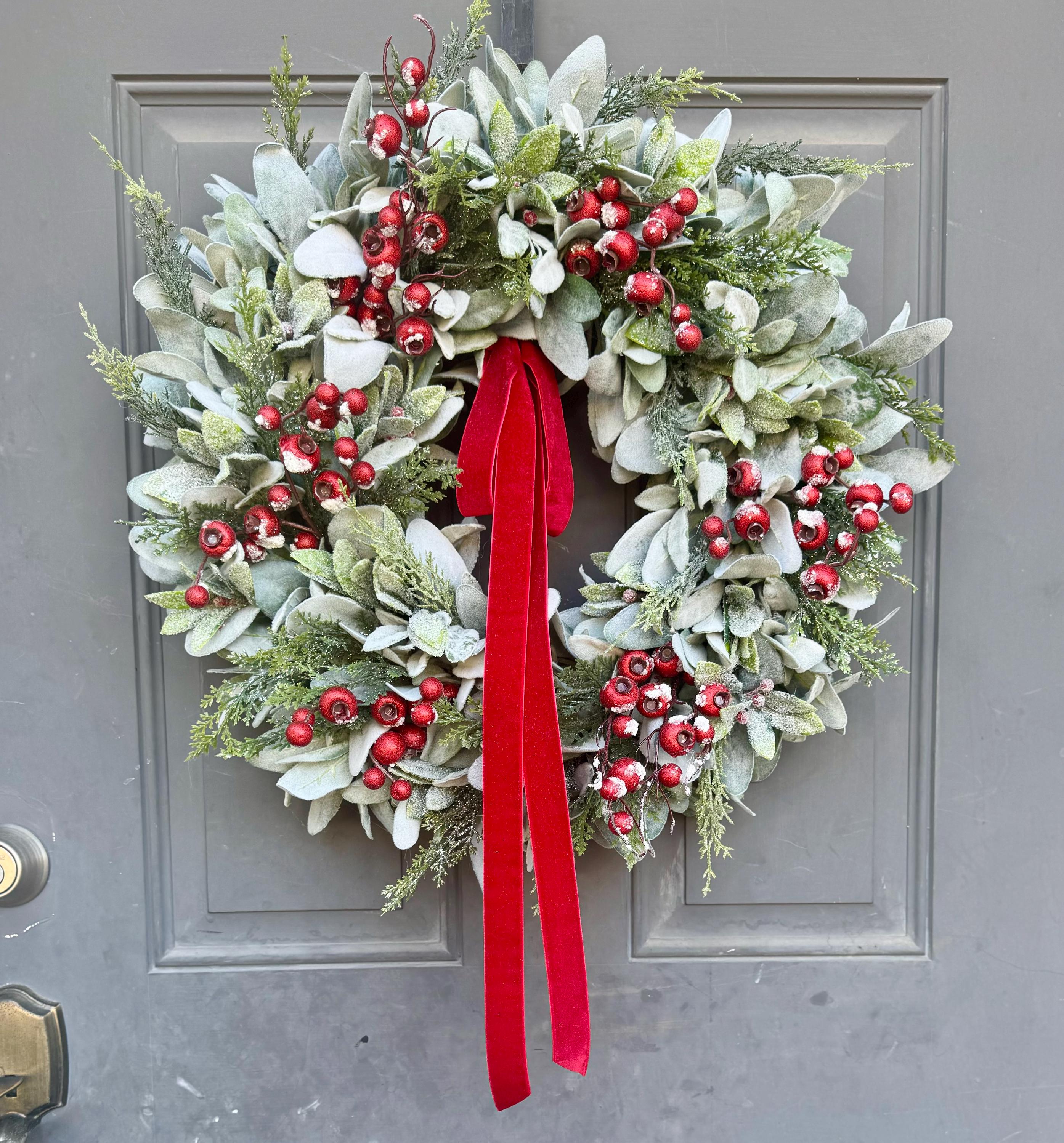 Farmhouse Red Berry Lambs Ear Winter Wreath for Front Door, Lambs Ear ...