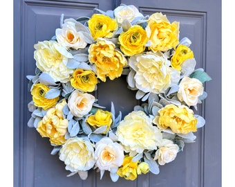 Peony and Rose Everyday Summer Front Door Wreath in Yellow, Lambs Ear Full Floral Wreath for Front Door