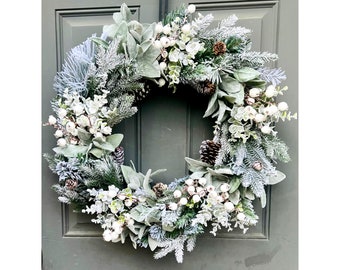 Farmhouse Winter Berries Pine and Lamb's Ear Front Door Holiday Wreath, White Christmas Lambs Ear and Pine Wreath for Outdoors