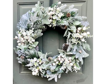 Farmhouse Winter Berries Pine Front Door Wreath: Lamb's Ear Holiday Decoration, Neutral Outdoor Christmas Wreath