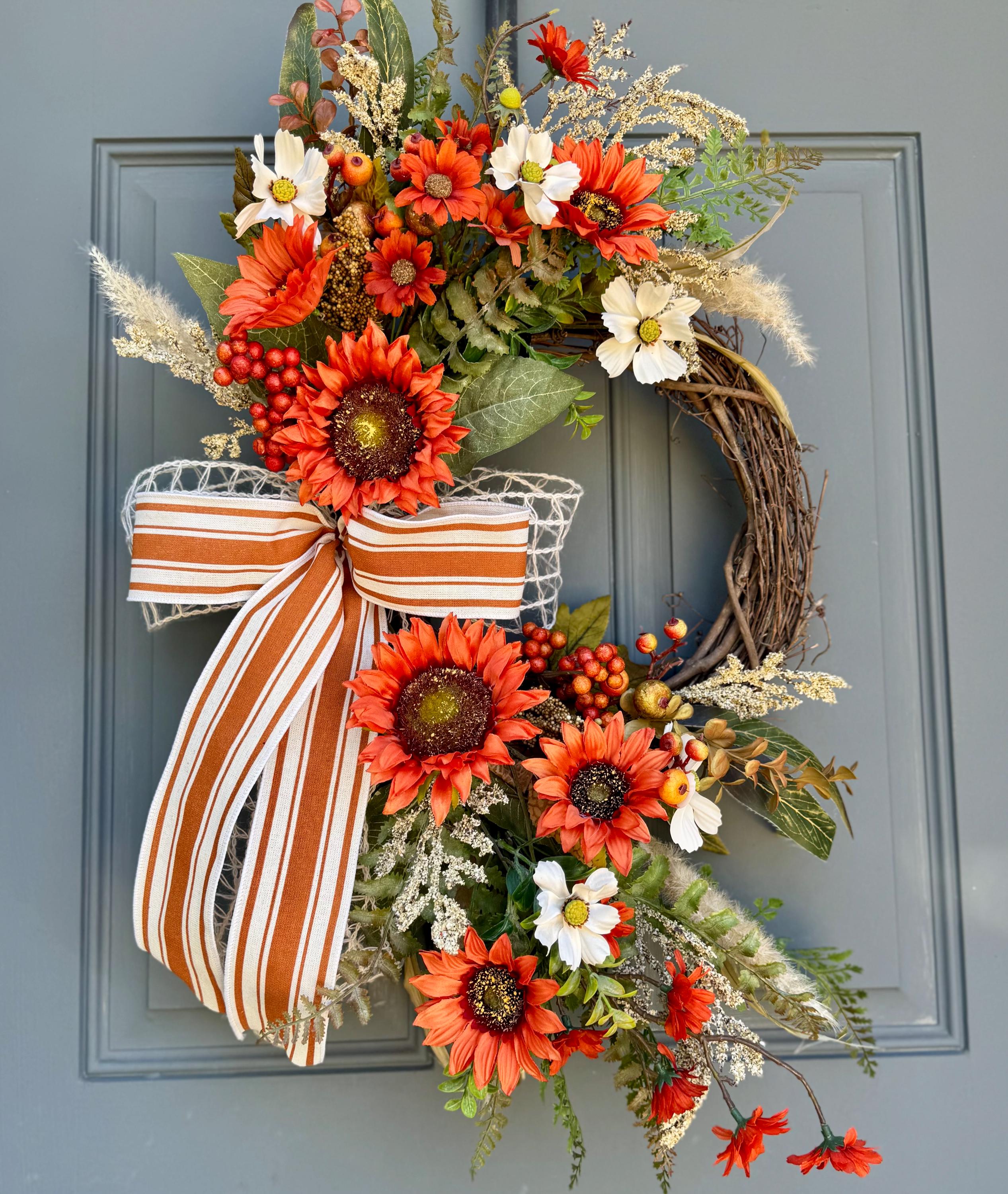 【専用】Flower wreathe & 秋色wreathe Autumn Sunflower Wreath: Farmhouse Stripes Floral Fall Door Decor
