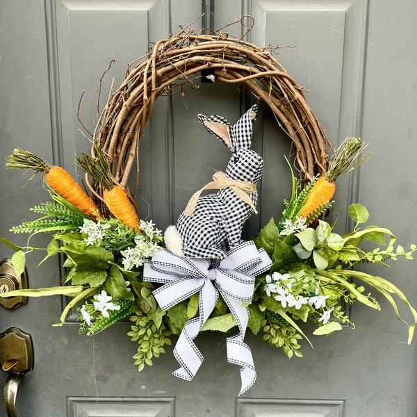 Gingham Bunny with Carrots Easter Wreath for Front Door; Easter Rabbit Buffalo Check Door Decor, Spring Greenery Wreath