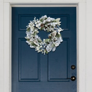 Farmhouse Winter Blue Berries Pine Eucalyptus and Lamb's Ear Front Door Wreath, Blue Berry Winter Outdoor Wreath image 10