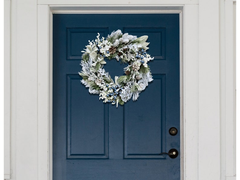 Farmhouse Winter Blue Berries Pine Eucalyptus and Lamb's Ear Front Door Wreath, Blue Berry Winter Outdoor Wreath image 10