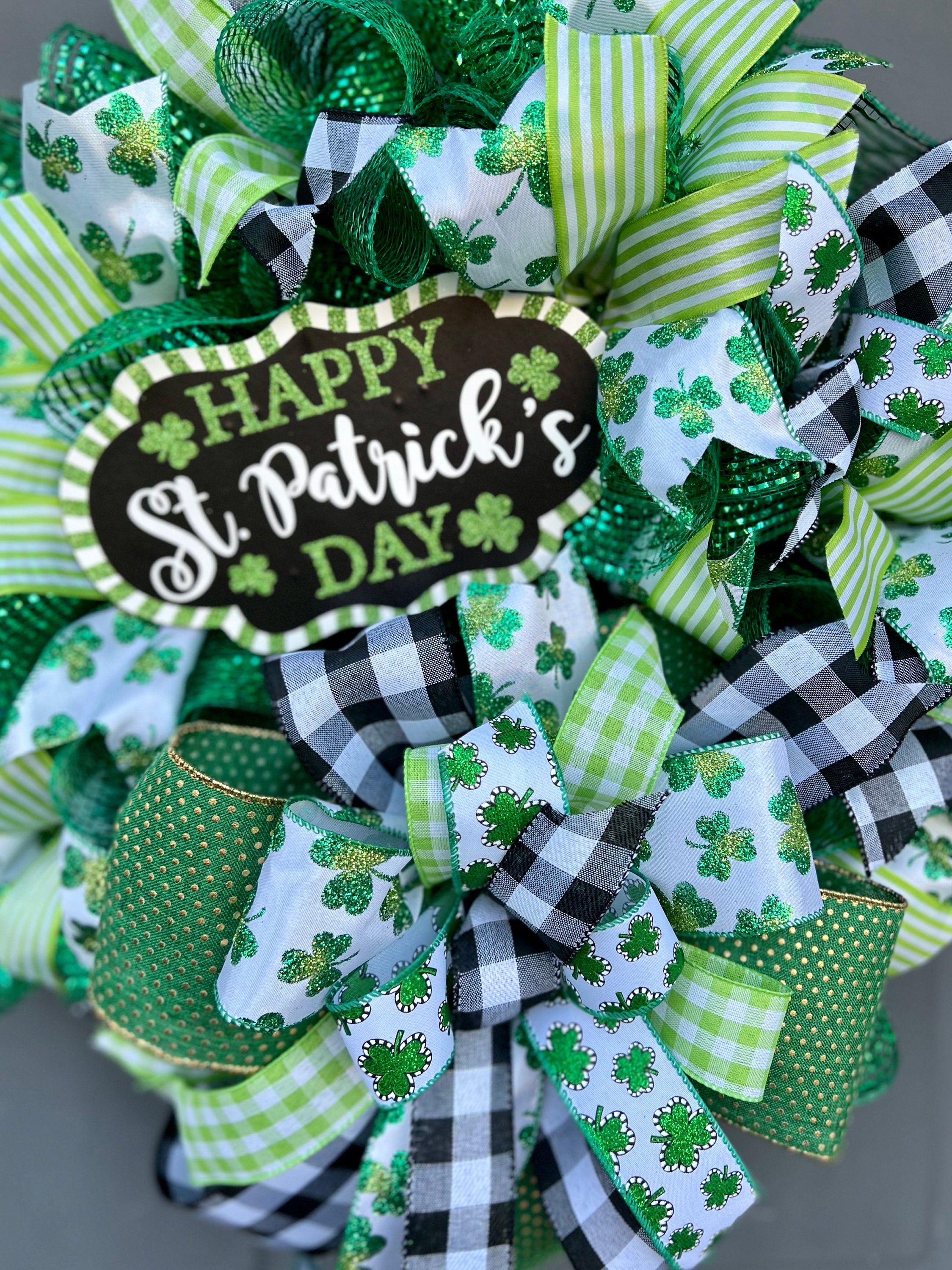 St Patricks Day Bow for Wreath, Shamrock Bow, Lantern Bow, Leprechaun Bow,  St Pattys Decor, Lucky Bow, Winter Decor, Gift Wrap Ribbon Bow 