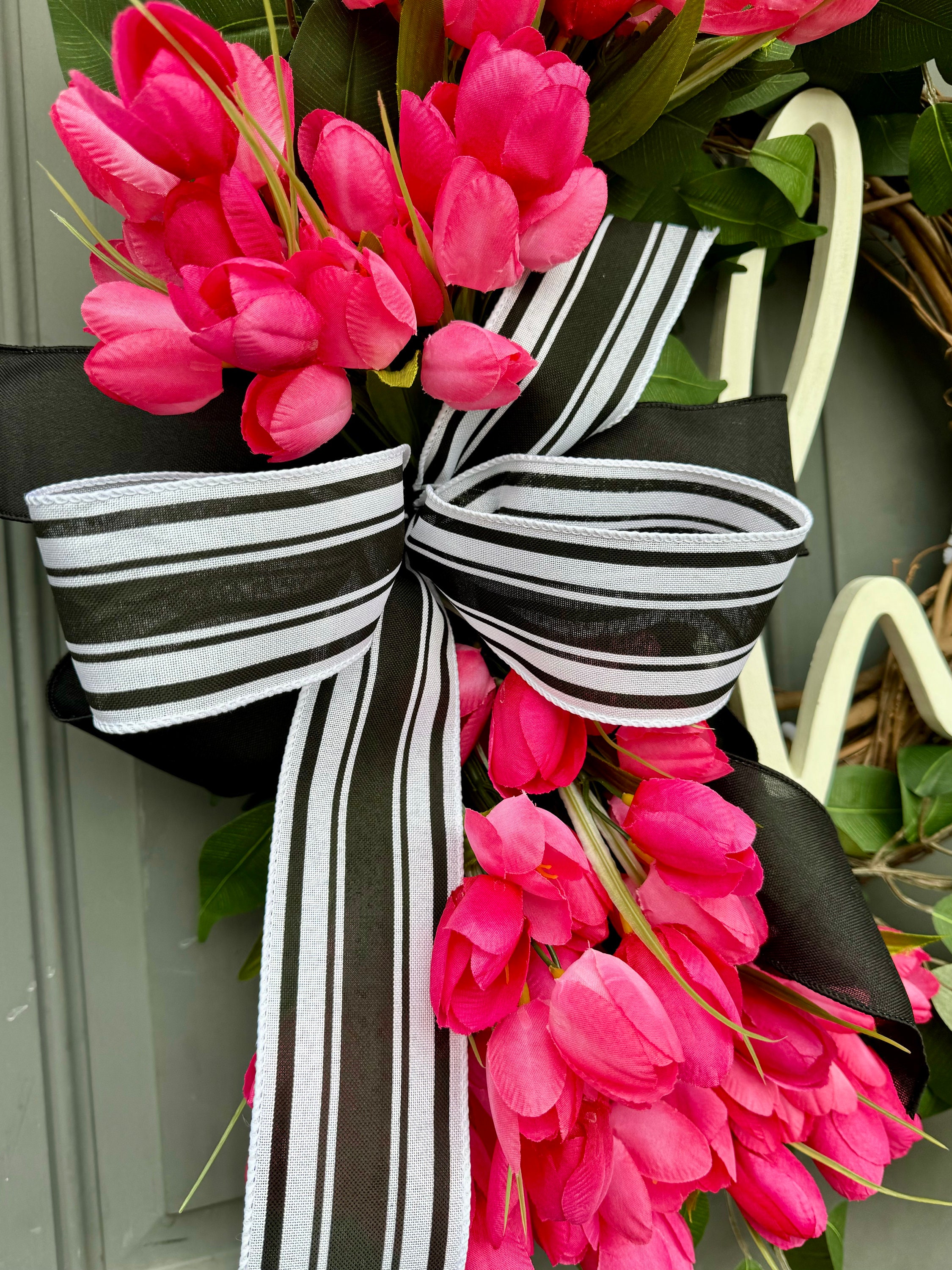 Pink Tulip Wreath: Spring Easter Door Decor With Farmhouse Bow - Etsy
