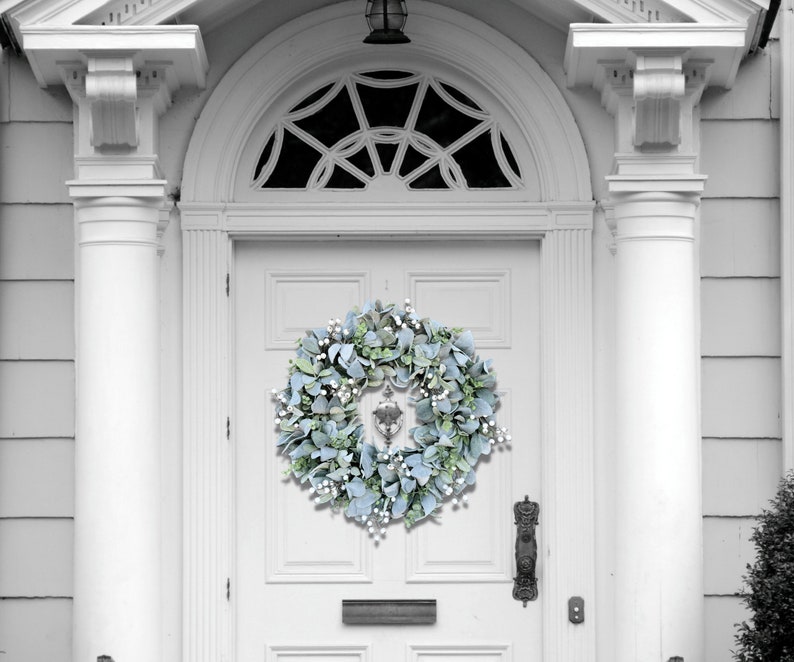 Winter Everyday Farmhouse Lamb's Ear and Eucalyptus Wreath With White ...