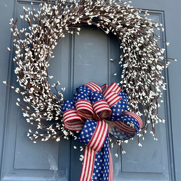 White Berry Wreath with Seasonal Bows, Neutral Berry Wreath for Front Door, Easter and Patriotic Decor