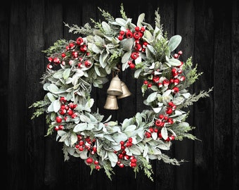 Holiday Red Berry Lambs Ear Pine and Silver Bells Wreath for Front Door, Lambs Ear Holiday Greenery Christmas Wreath with Sparkly Holly