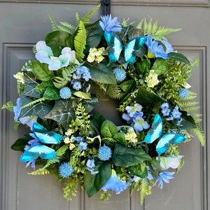 Butterfly Floral Wreath for Front Door, Summer and Spring Everyday Blue Butterfly Wreath