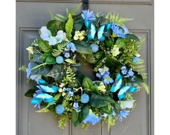 Butterfly Floral Wreath for Front Door, Summer and Spring Everyday Blue Butterfly Wreath