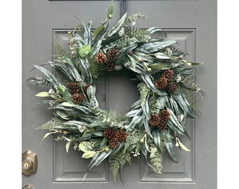 Eucalyptus and Pine Cone Wreath for Front Door, Neutral Greenery Everyday or Winter Wreath for Outdoors