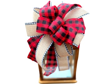 Buffalo Plaid Tree Topper Bow, Farmhouse Gingham Buffalo Check Lantern Bow, Gingham Decorative Large Bow for Wreath, Staircase Mailbox Bow