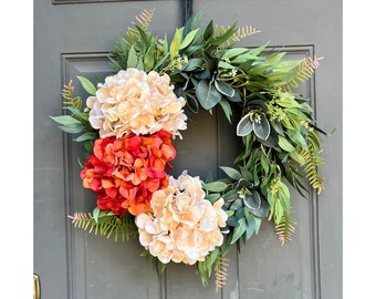 Fall Hydrangea Greenery Wreath for Front Door, Autumn Hydrangea Outdoor Wreath, Summer into Fall Full Floral Wreath