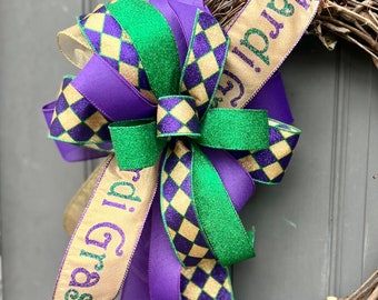 Mardi Gras Bow for Wreath Lantern or Mailbox with Fleur de Lis, New Orleans Carnival Fat Tuesday Purple Green and Gold Party Decoration