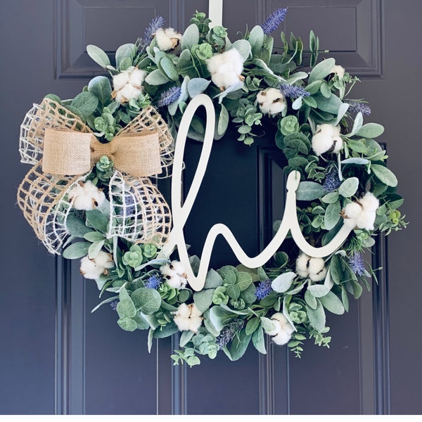 Farmhouse Lambs Ear Cotton Lavender Eucalyptus Everyday Wreath for Front Door, Greenery Wreath with Hi Sign