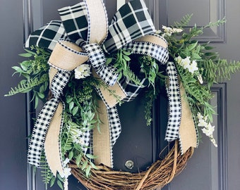 Farmhouse Buffalo Check Year Round Front Door Wreath, Country Kitchen Buffalo Plaid, Rustic Greenery Decor, Black and White Plaid Bow Wreath