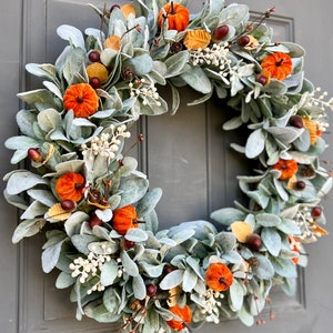 Fall Farmhouse Lambs Ear Pumpkin and Acorn Wreath for Front Door ...