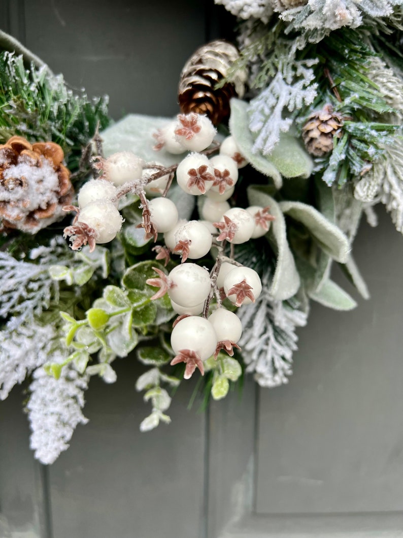 Farmhouse Winter Blue Berries Pine Eucalyptus and Lamb's Ear Front Door Wreath, Blue Berry Winter Outdoor Wreath image 8