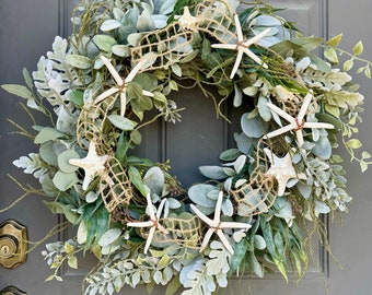 Nautical Wreath for Front Door; Neutral Beach Themed Floral Wreath with Starfish, Ocean Wreath, Beach