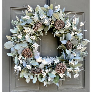 Farmhouse Snowbird Lambs Ear and Eucalyptus Berry Pinecone Winter Wreath for Front Door, Snowbird Pine Cone and Greenery Winter Wreath