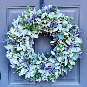 Farmhouse Lamb's Ear Everyday Wreath for Front Door with Eucalyptus and Lavender, Lavender Wreath