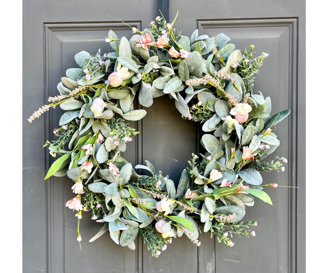 Lamb’s Ear Summer Everyday Farmhouse Wreath for Front Door, Pink and ...
