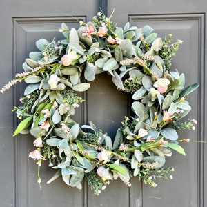 Lamb’s Ear Summer Everyday Farmhouse Wreath for Front Door, Pink and Coral Florals and Greenery Year Round Door Decor