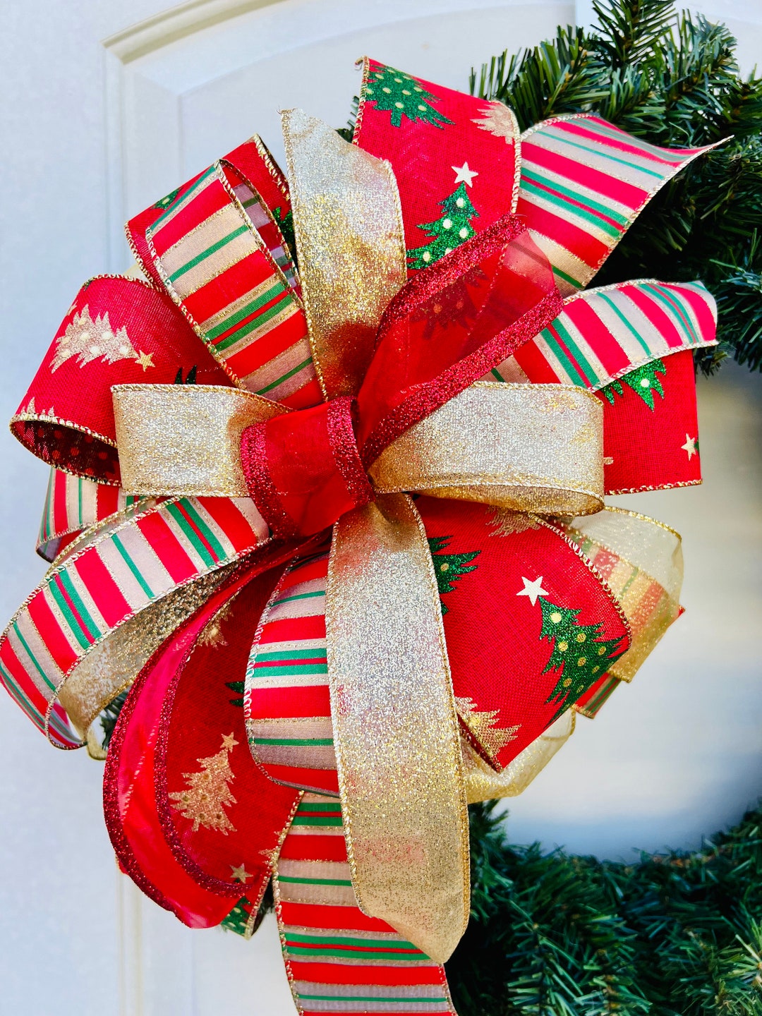 Red and Gold Christmas Tree Bow Christmas Wreath Bow Etsy