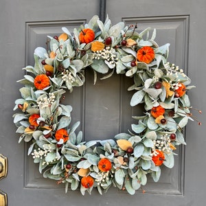 Fall Farmhouse Lambs Ear Pumpkin and Acorn Wreath for Front Door ...