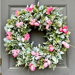 Farmhouse Lamb’s Ear and Tulip Wreath for Front Door, Pink Full Floral Door Decor, Spring Greenery Wreath