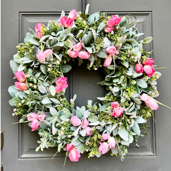 Farmhouse Lamb’s Ear and Tulip Wreath for Front Door, Pink Full Floral Door Decor, Spring Greenery Wreath