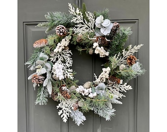 Farmhouse Winter Evergreen Wreath with Pinecones, Rustic Winter Eucalyptus White Snow Berry Pine Cone Wreath for Porch Balcony Window Mantel