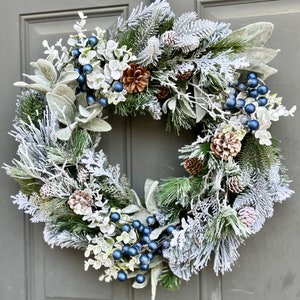 Farmhouse Winter Blue Berries Pine Eucalyptus and Lamb's Ear Front Door ...